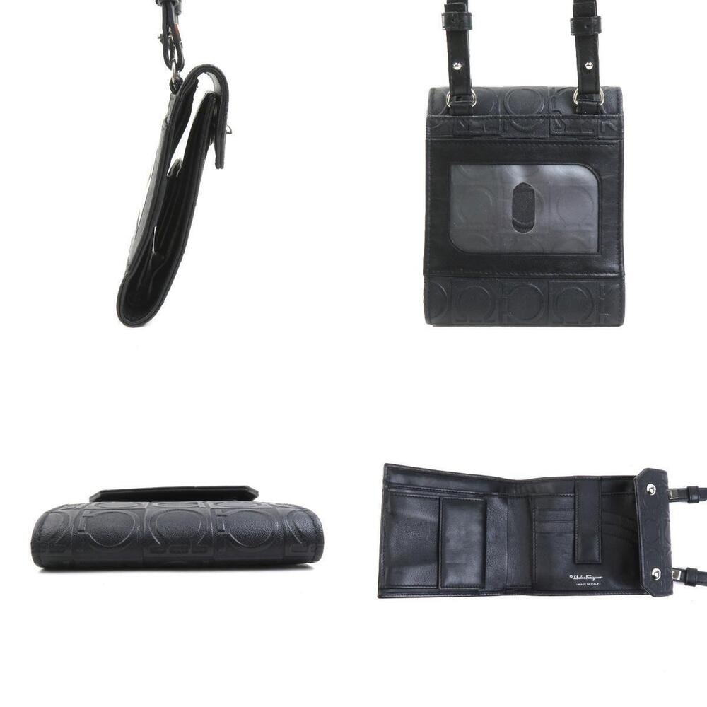 Salvatore Ferragamo Wallet Tri Shoulder fold Leather Gancini Silver Black
